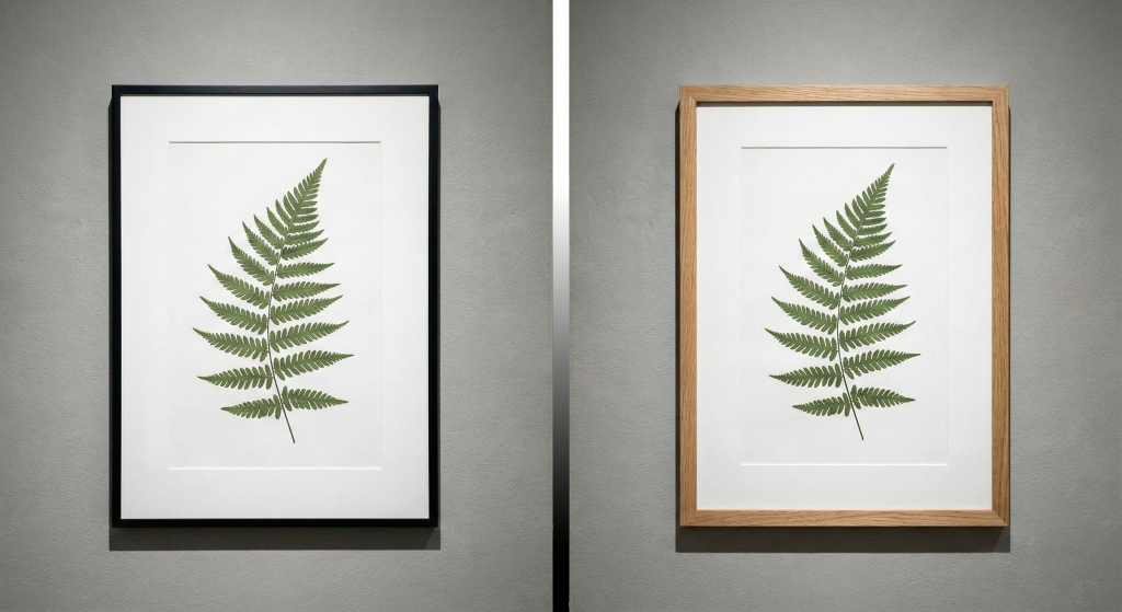 Comparison photo of two frames, gold and black behind a grey wall