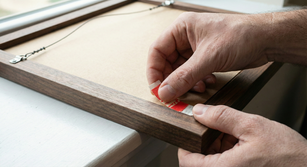 A hand applying a non destructive adhesive to the back of a photo frame.