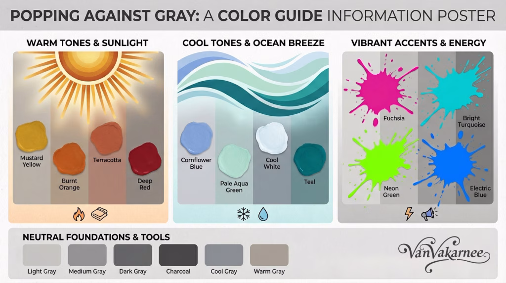 A cohesive color guide for the best colors to pop against gray.