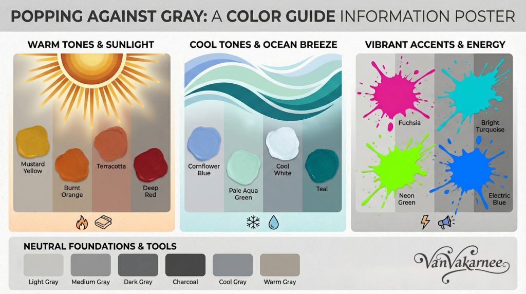 A cohesive color guide for the best colors to pop against gray.