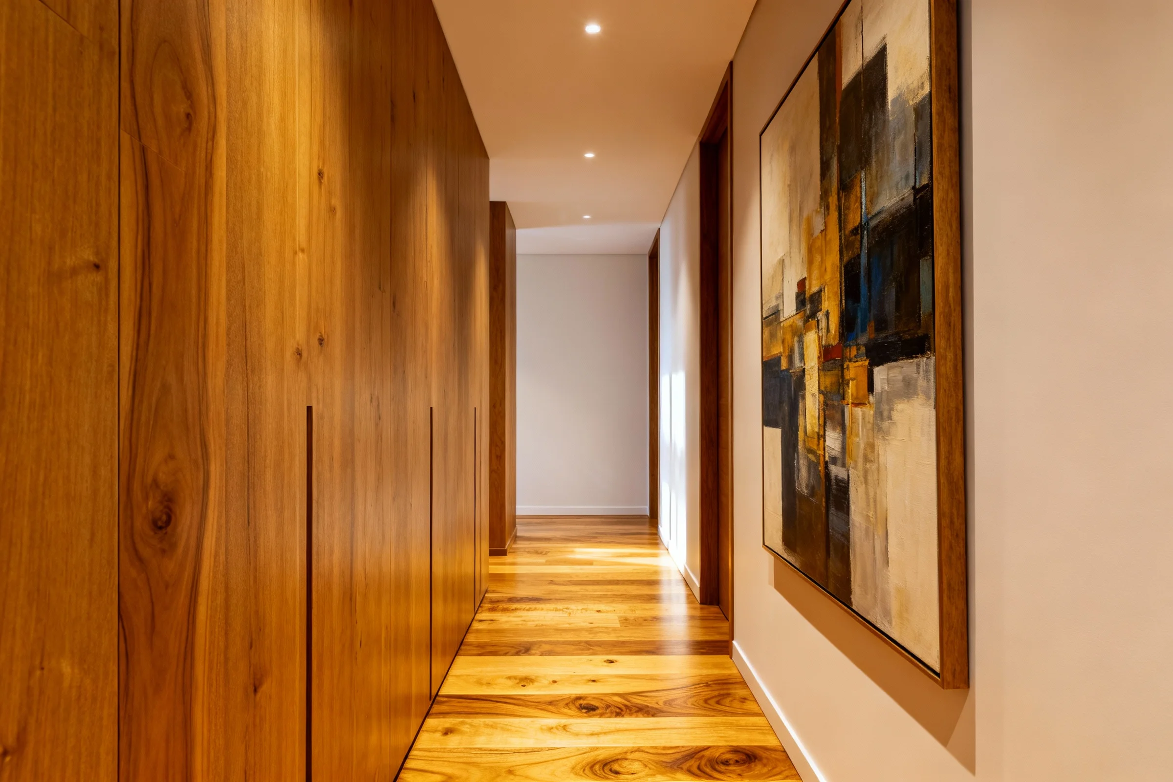 Modern wall art prints hanging in a contemporary hallway with wood-panelled walls and natural timber floor