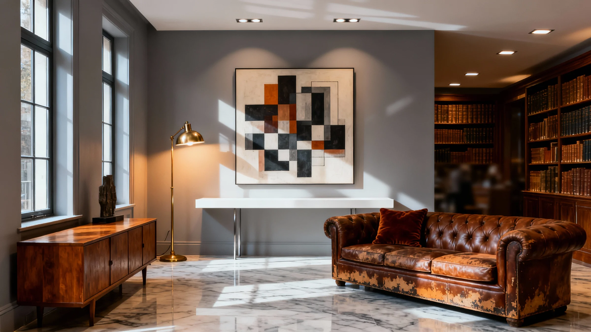 Geometric abstract wall art in a framed print above a leather sofa in a modern living room with floor lamp and bookshelf