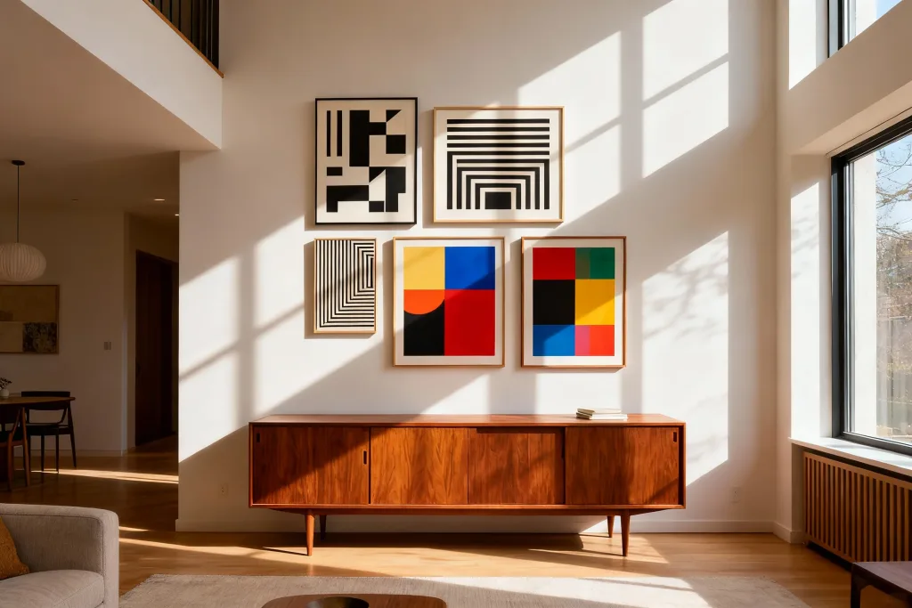 Gallery wall of abstract and geometric framed artworks above a wooden sideboard in a modern sunlit living space