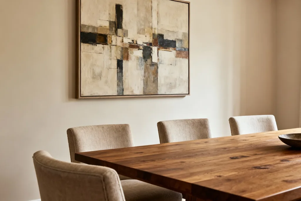 Abstract wall art in a natural frame above wooden dining table with upholstered chairs in modern dining room interior