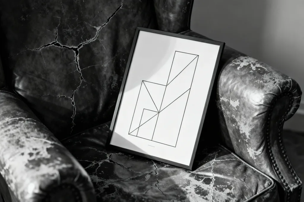 Minimalist black and white line art in a black frame placed on a distressed leather armchair