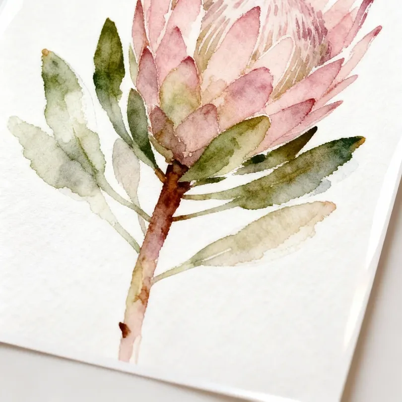 Watercolour botanical flower artwork on gloss paper, soft pink and green floral illustration detail