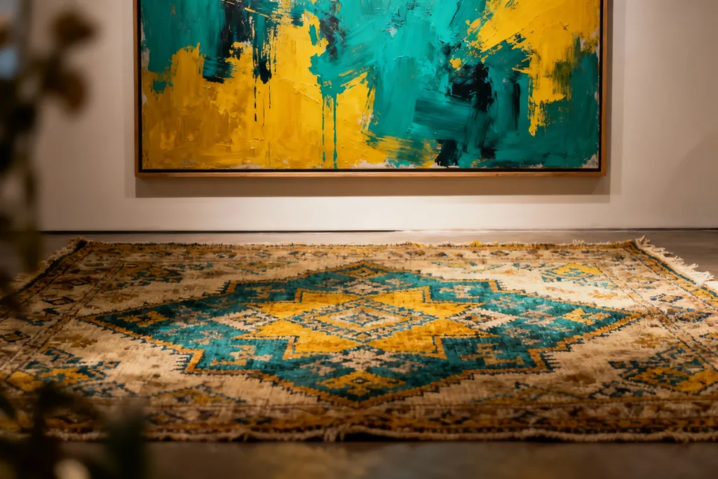 Teal and yellow abstract wall art above a patterned rug in a contemporary interior with bold colour accents