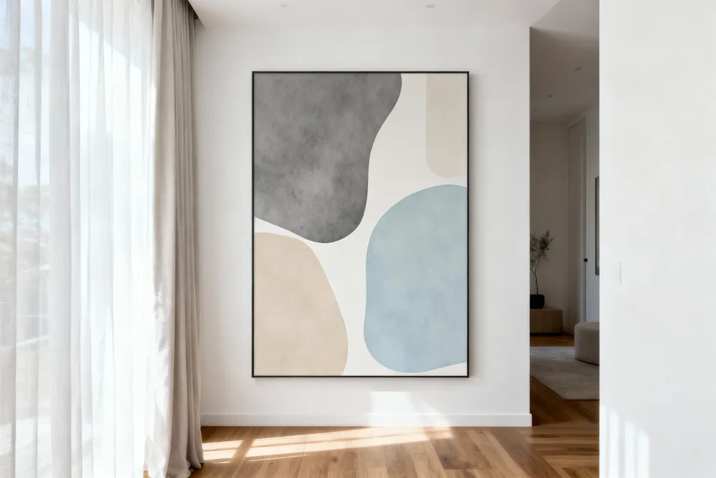 Modern wall art prints featuring soft abstract shapes in neutral tones, framed and displayed in a light-filled contemporary interior