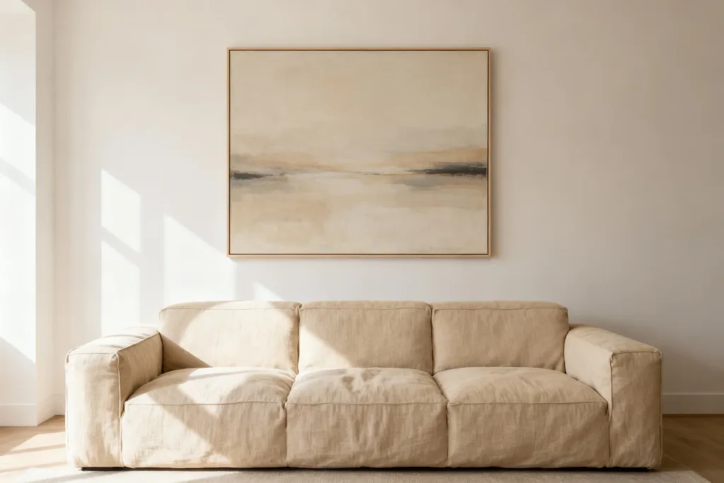 A minimalist living room with a beige linen sofa and a large, wide-format abstract art print that matches the room's warm neutral colour palette.