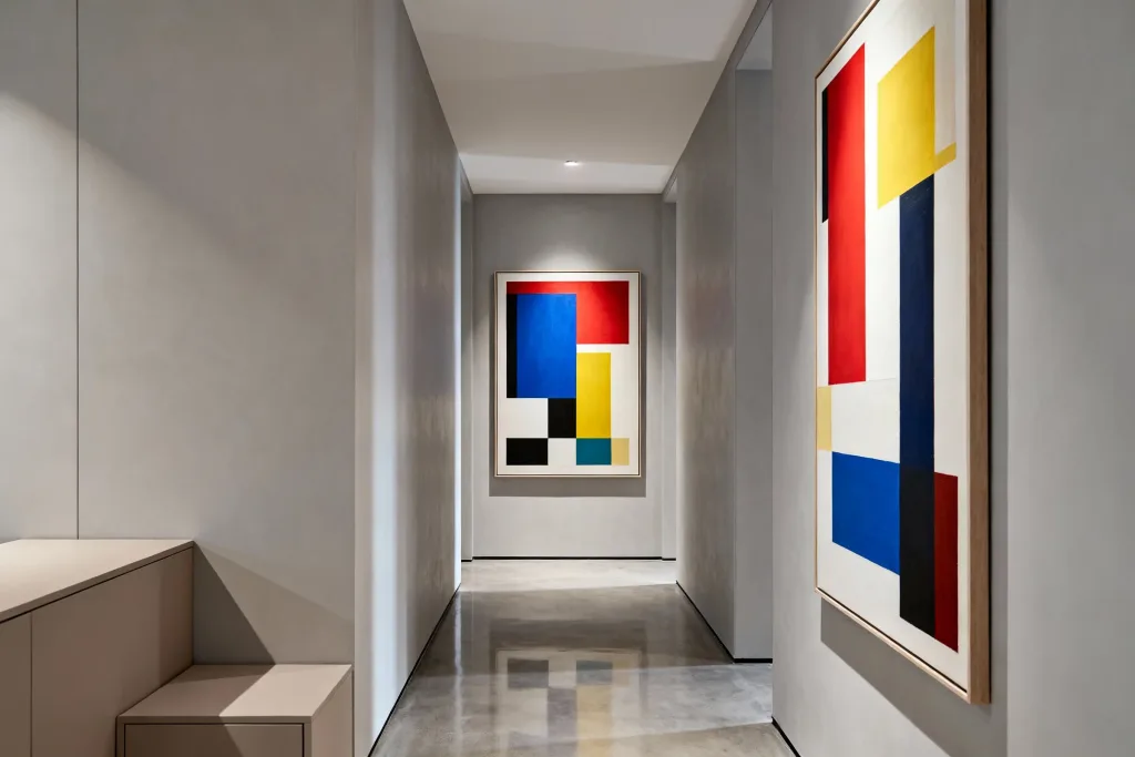Modern wall art prints with colourful geometric designs hanging in a contemporary grey hallway interior
