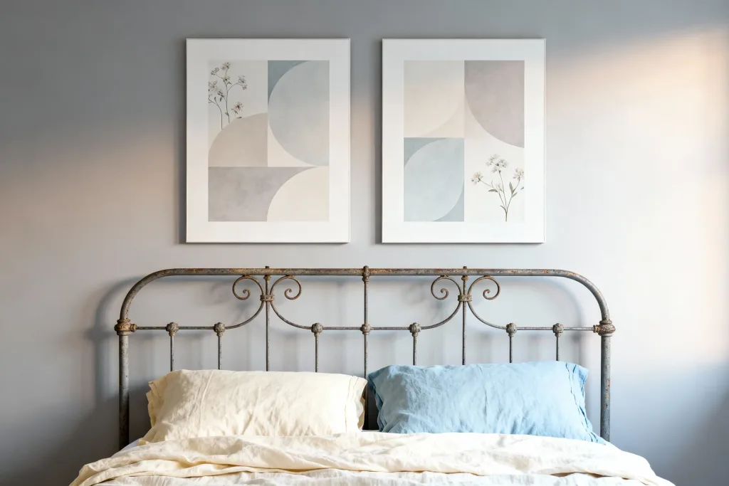 Two framed abstract geometric prints above a metal bed frame in a calm, neutral bedroom interior