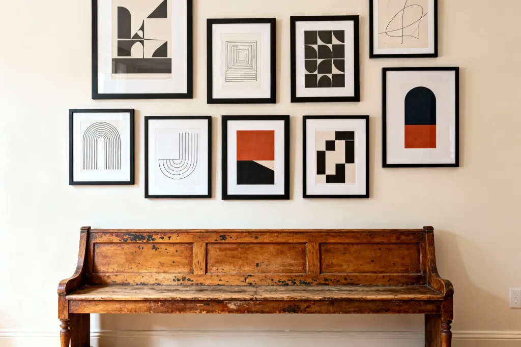 Gallery wall of abstract and geometric framed prints above a vintage wooden bench in a modern interior