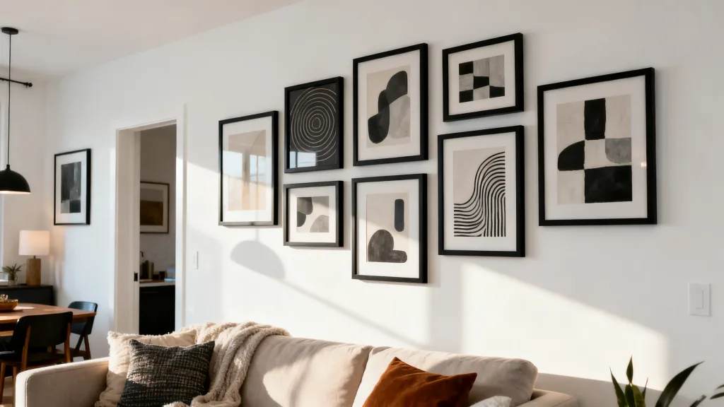 Black-and-white abstract gallery wall with nine framed prints arranged above a beige sofa in a bright, modern living room