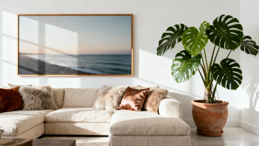 Large framed coastal seascape photography print hanging above a beige sectional sofa next to a large potted monstera plant in a bright, minimalist living room.