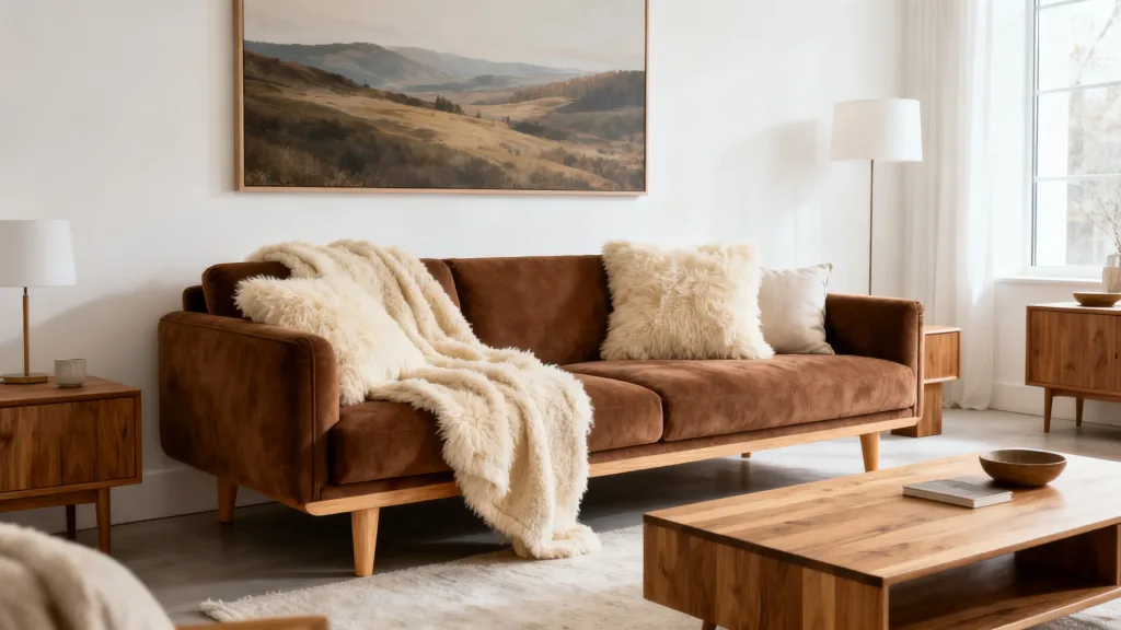 Large framed landscape wall art above a brown suede sofa with cosy cream throws and wooden furniture in a bright living room