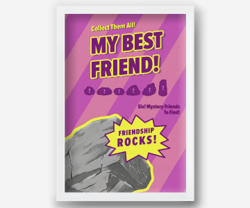 Taylor Swift-inspired Opalite wall art poster styled like collectible packaging, with pink and purple stripes, ‘My Best Friend!’ headline, ‘Friendship Rocks!’ burst, and illustrated pet rock