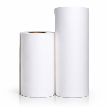 Two professional-grade Baohong watercolour paper rolls standing vertically on a reflective white surface, showing the thick texture and white finish.