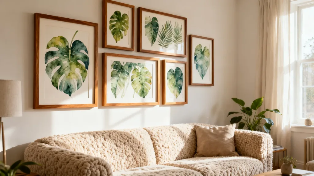 Botanical gallery wall with framed green leaf prints in warm wood frames above a cosy cream sofa in a sunlit living room