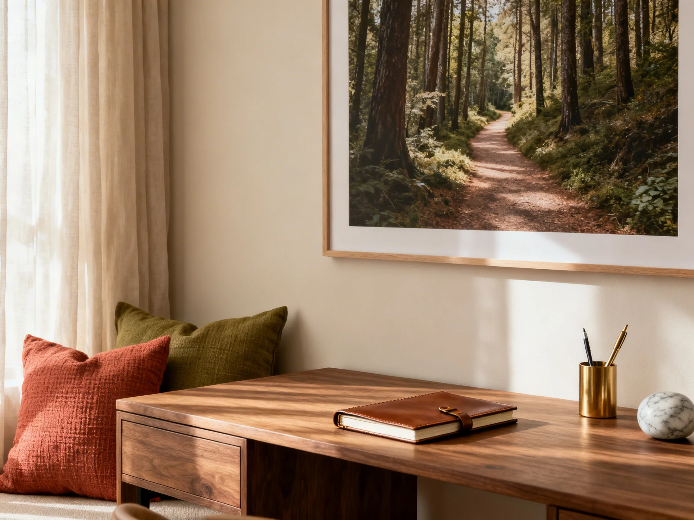 A serene home office setup featuring a large, framed woodland path photograph above a rich walnut desk. The scene is bathed in natural sunlight, with a leather notebook, a brass pen cup, and soft linen curtains adding to the restorative atmosphere.