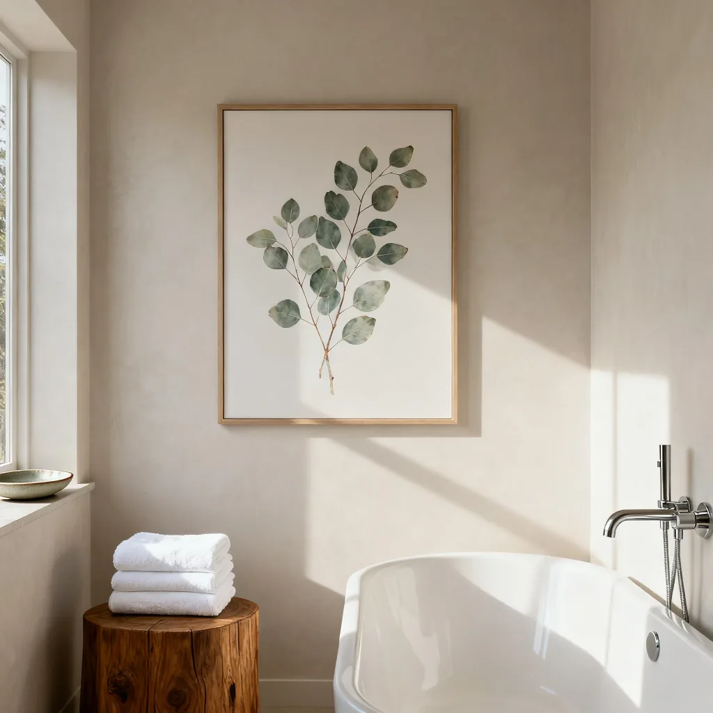 A eucalyptus bathroom wall art print placed in an oak frame in minimalist bathroom, beside the bath is a wooden stool with white folded towels. The window on the left splashes sunlight onto the scene.