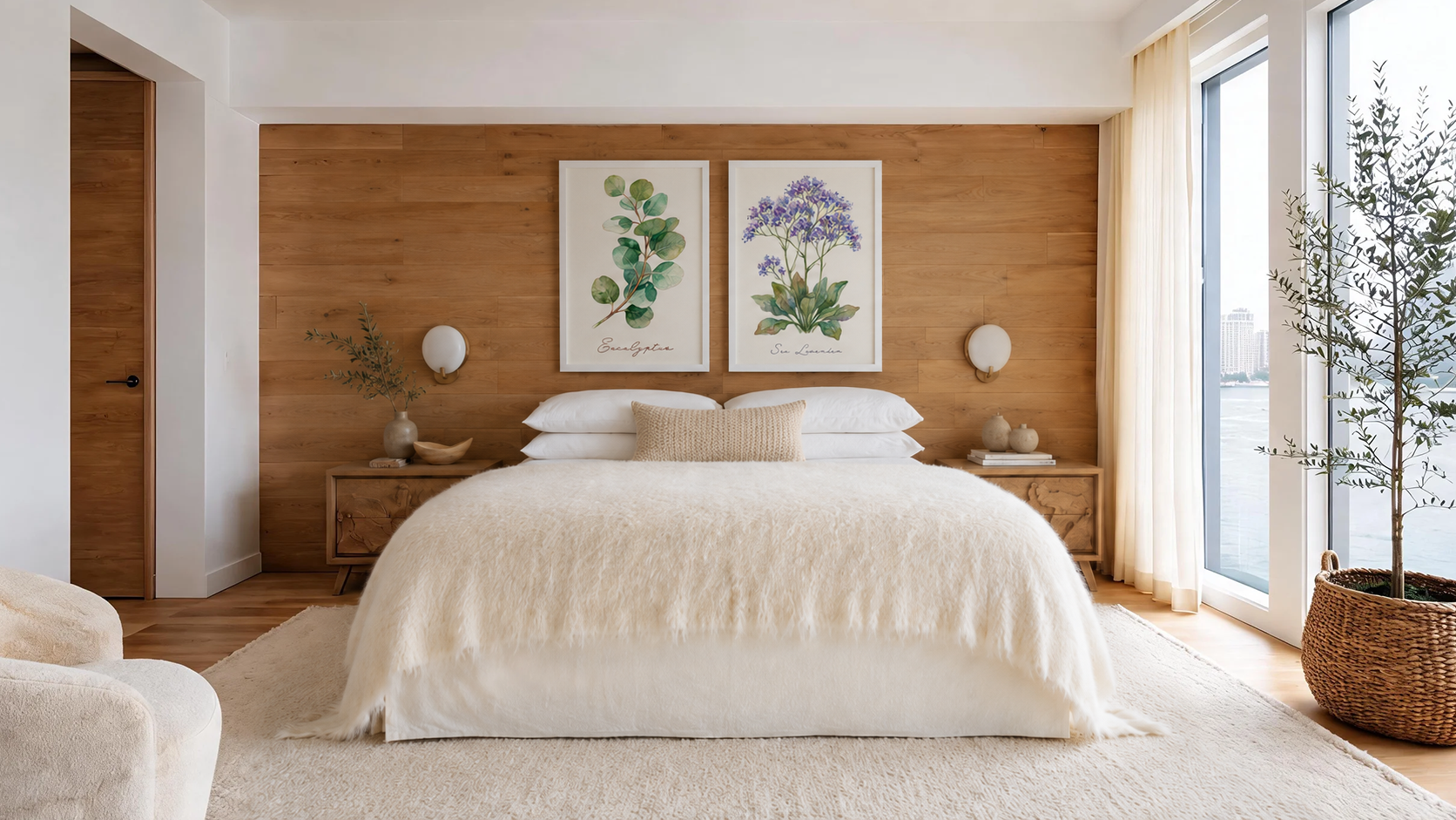 Two botanical wall art prints, Sea Rise and Round Eucalyptus, hanging above a soft neutral bed against a timber feature wall, with cream bedding, natural textures and warm window light.