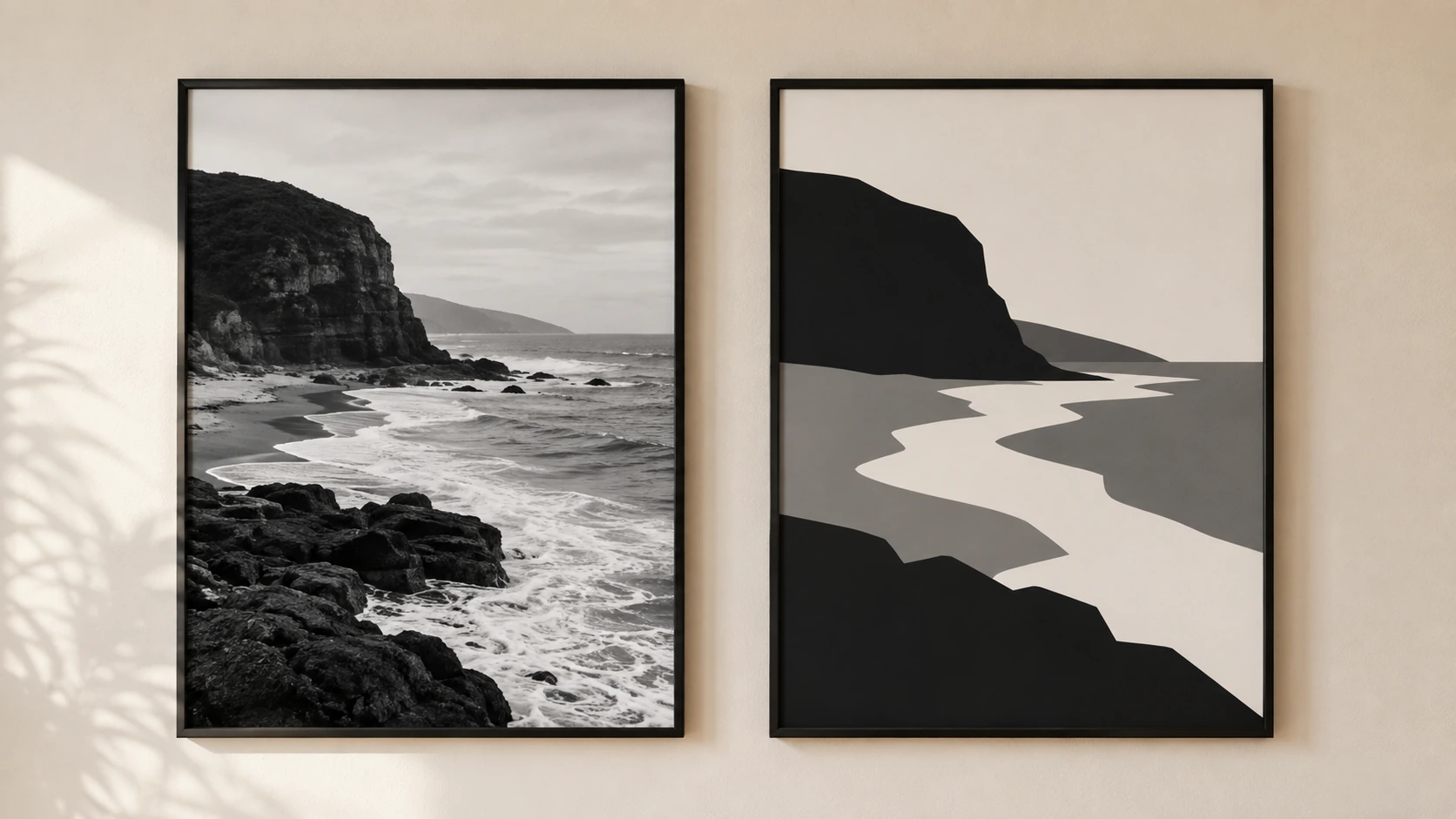 Photographic black and white print with full tonal depth beside a flat graphic monochrome print