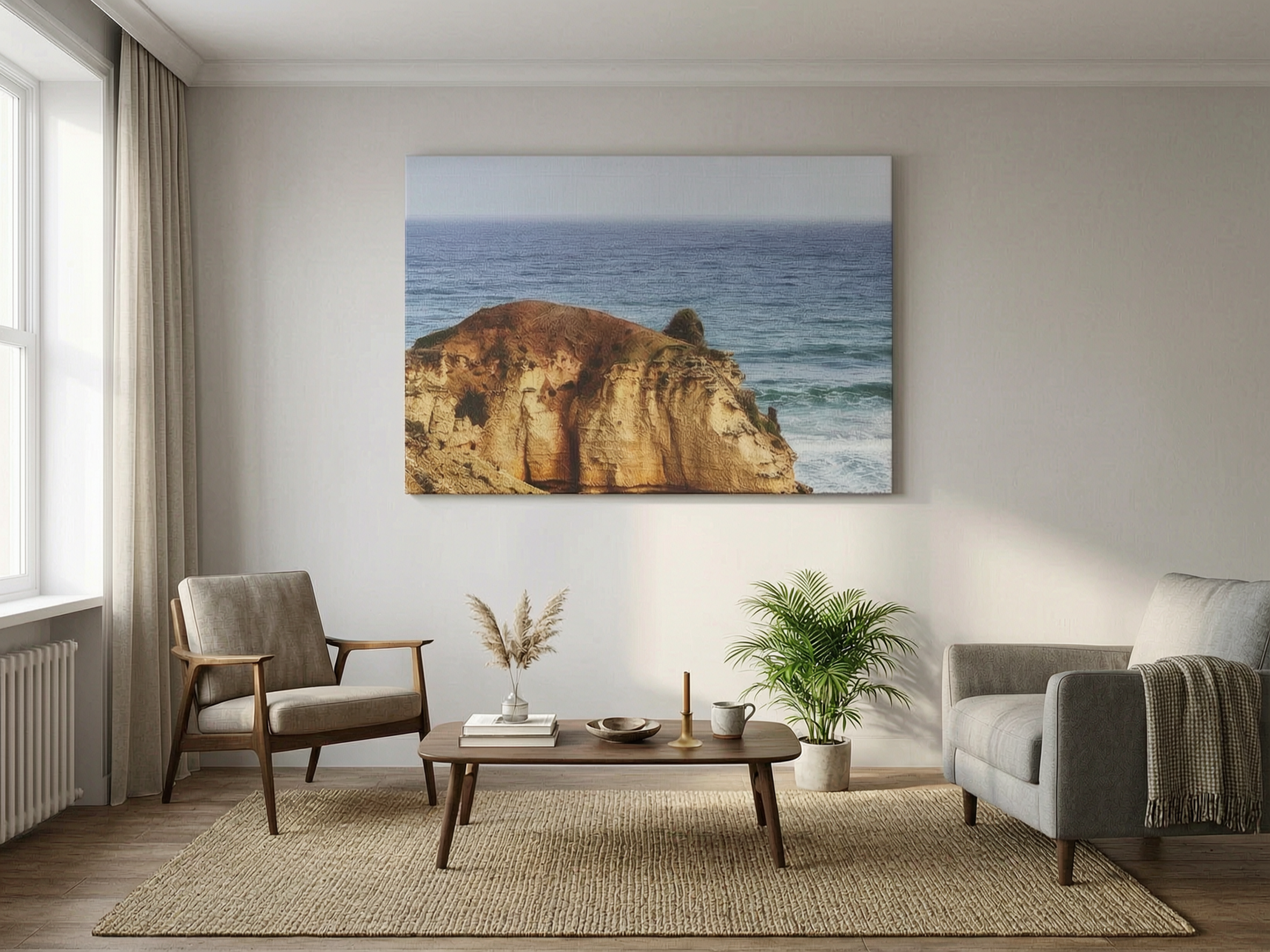 Canvas vs framed prints comparison showing Earthcrest coastal wall art as a large canvas in a neutral living room