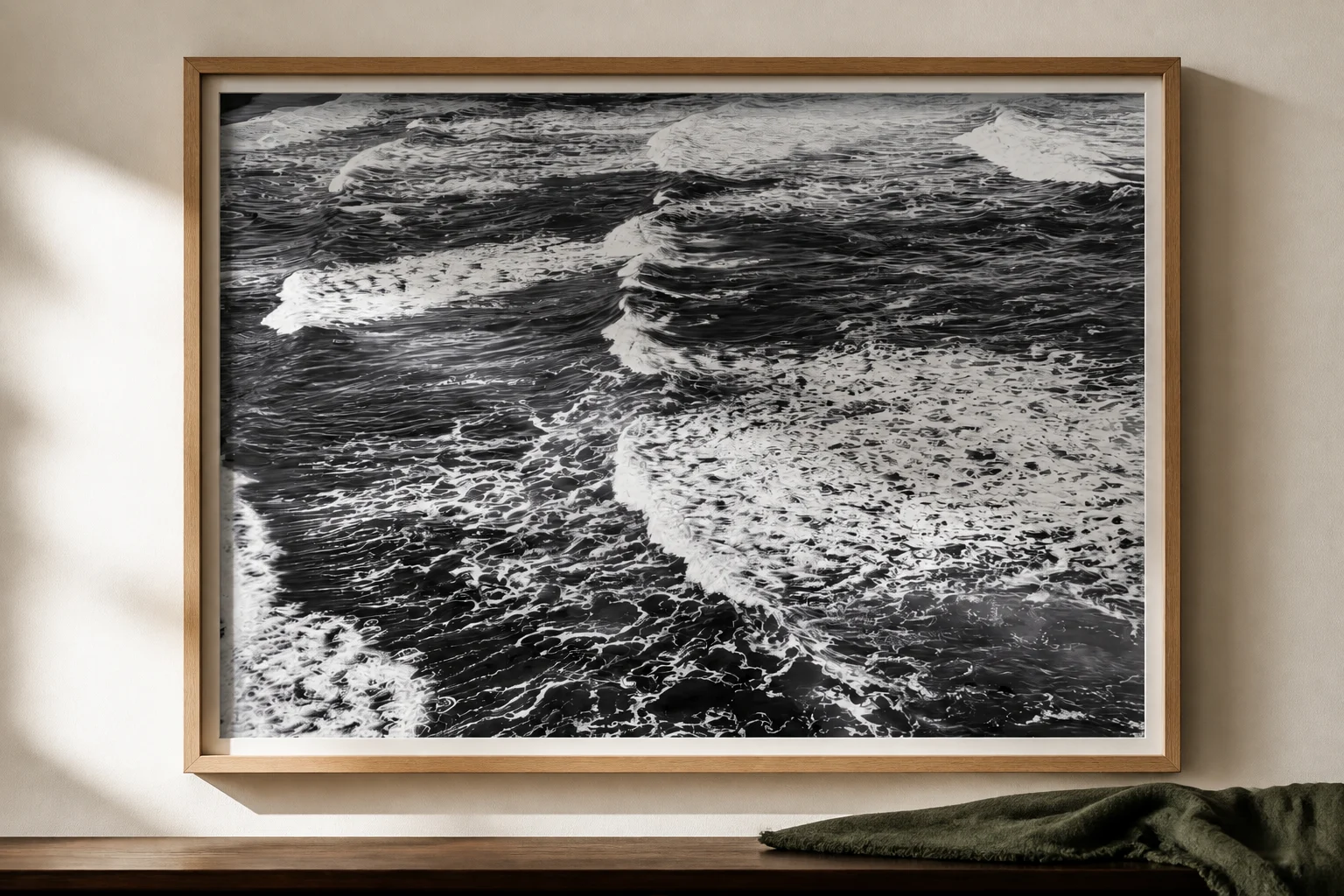 Tidal Etchings ocean artwork in an illustrative oak-framed interior setting